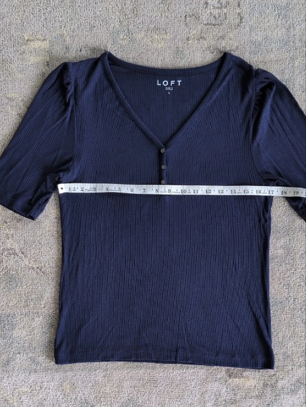 LOFT Navy Ribbed V-Neck Short Sleeve Henley Top