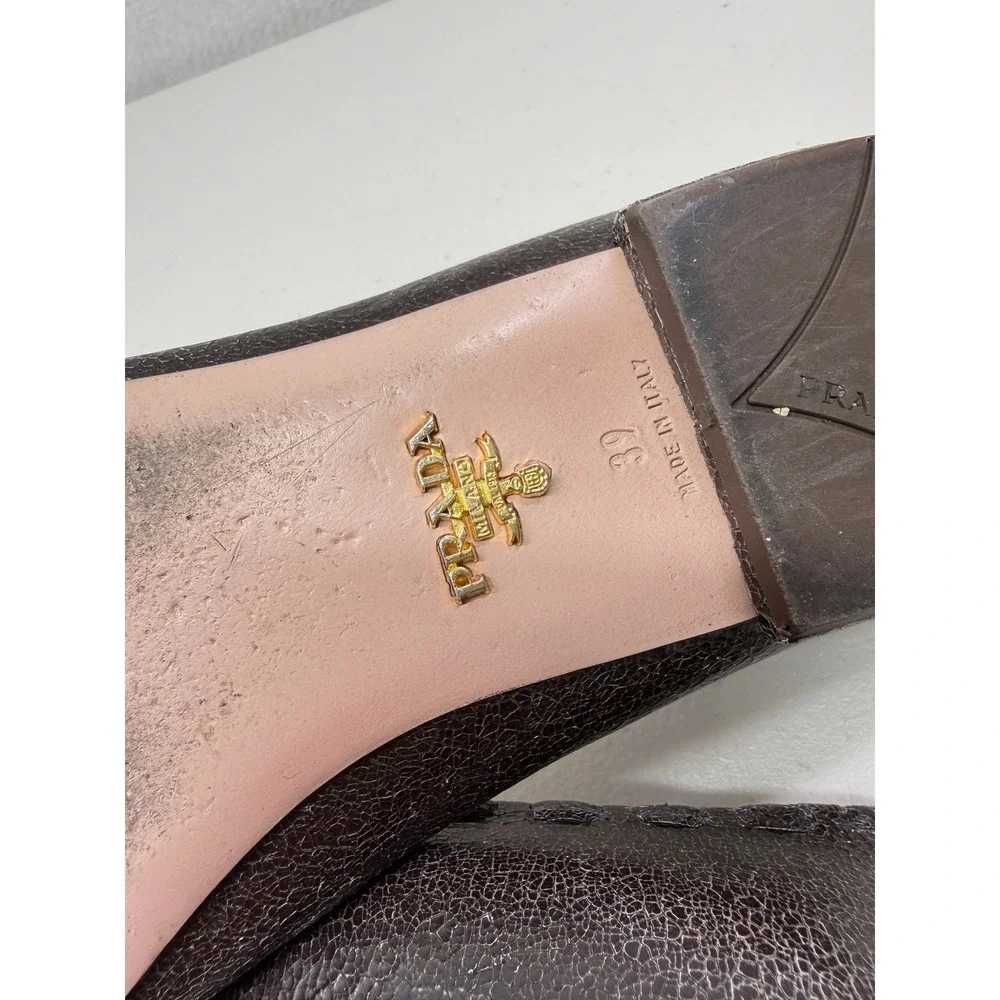Prada Brown Distressed Cracked Leather Bow Brogue Ballet Flats Italy 39 9