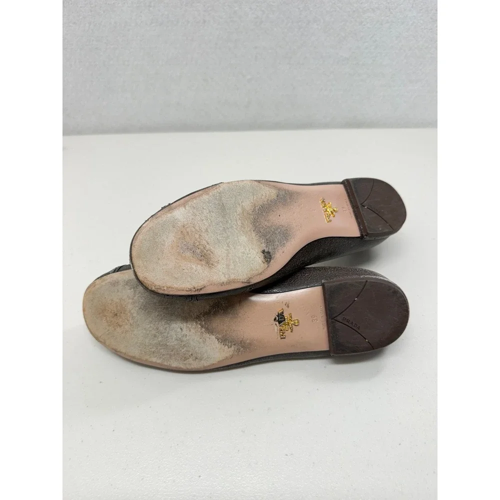 Prada Brown Distressed Cracked Leather Bow Brogue Ballet Flats Italy 39 9