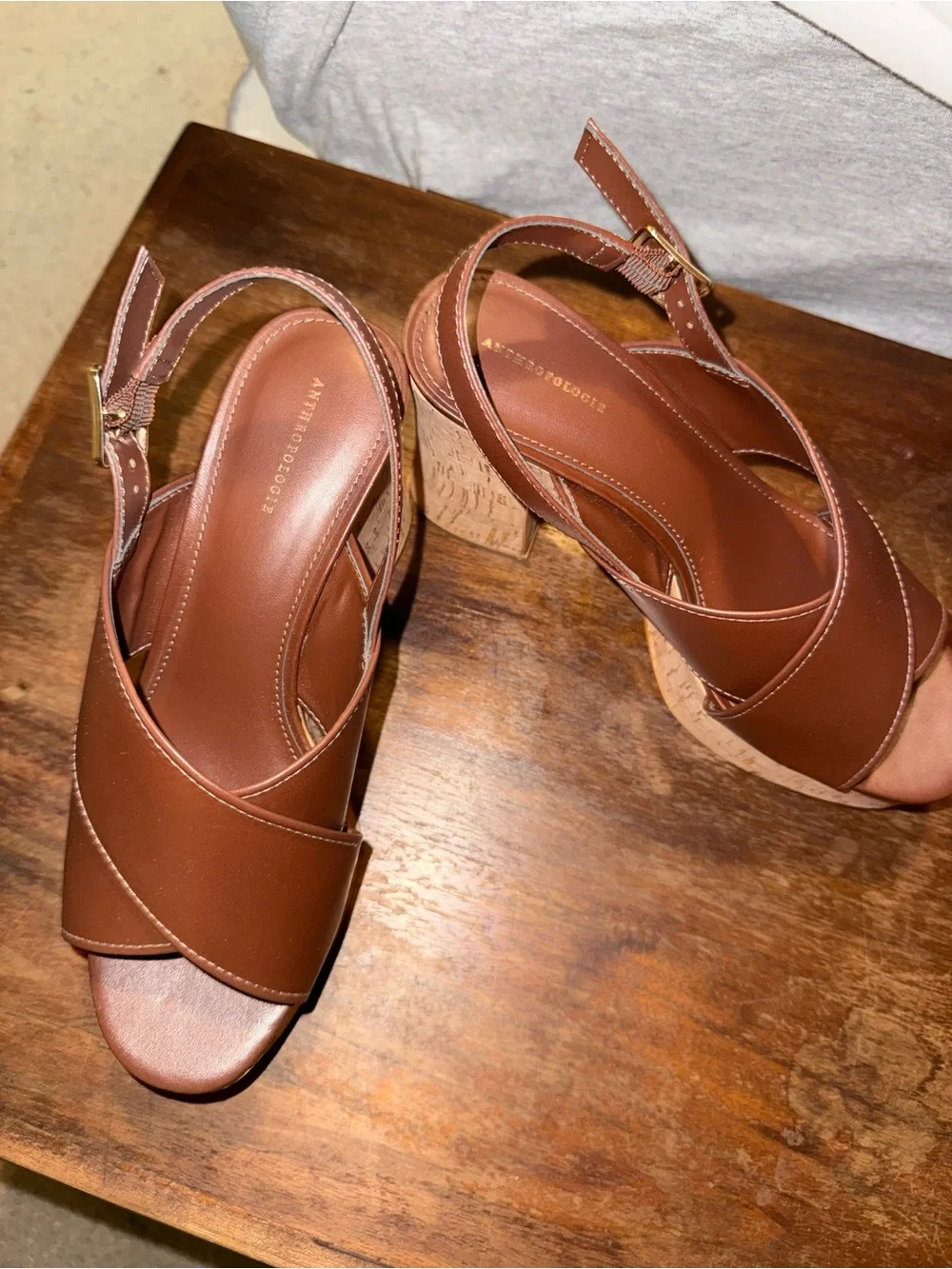 Anthropologie Cross-strap Woven Platform Sandals Cork Brown Sz 37