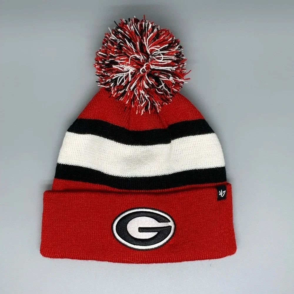 47 Brand Georgia Bulldogs NCAA Red White Black Striped Pom Cuffed Beanie Hat NEW