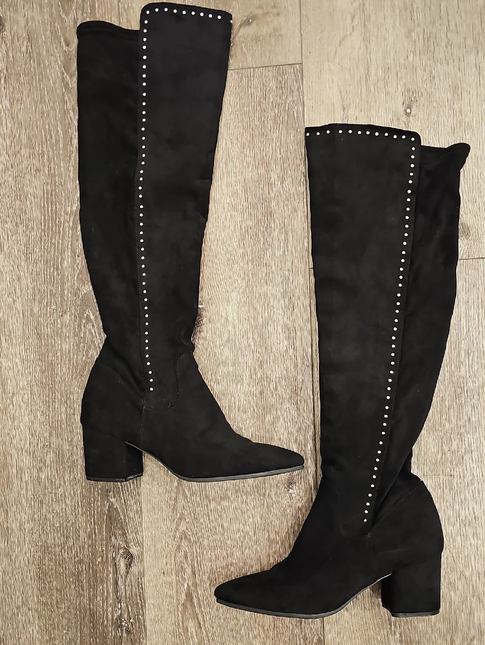 O- [Like NEW] Sexy Black Studded Over-the-Knee Boots Block Heel SZ 10 Wide Calf