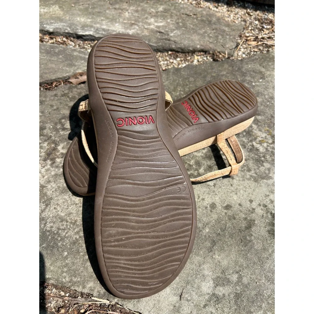 Vionic Monala Cork Studded Slingback Sandals Tan Gold Pyramid Thong Womens 7