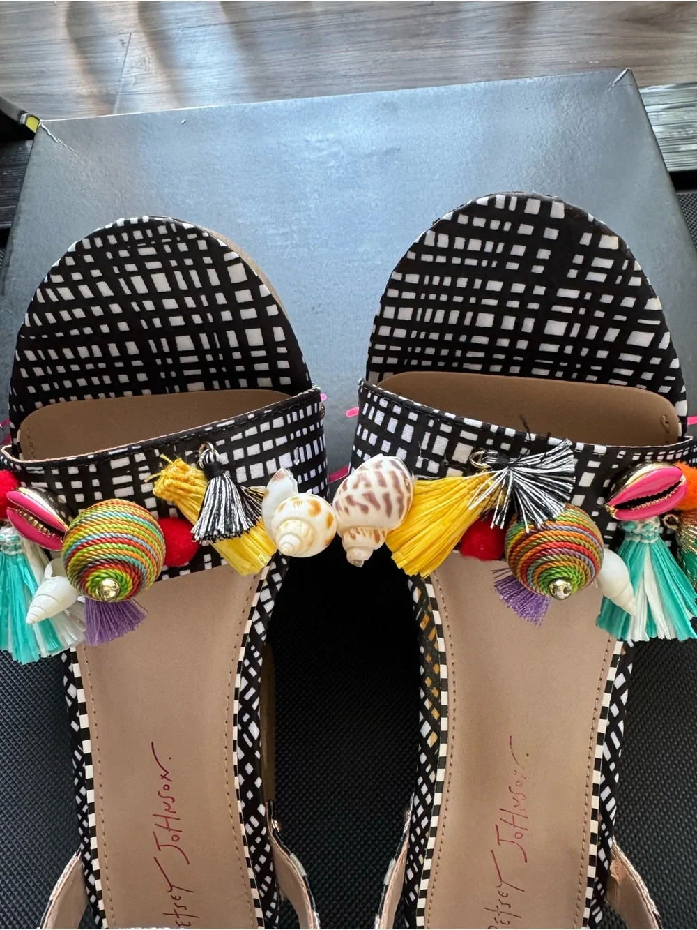 Betsey Johnson Jillie Black & White Platform Sandals With Multicolor Tassels