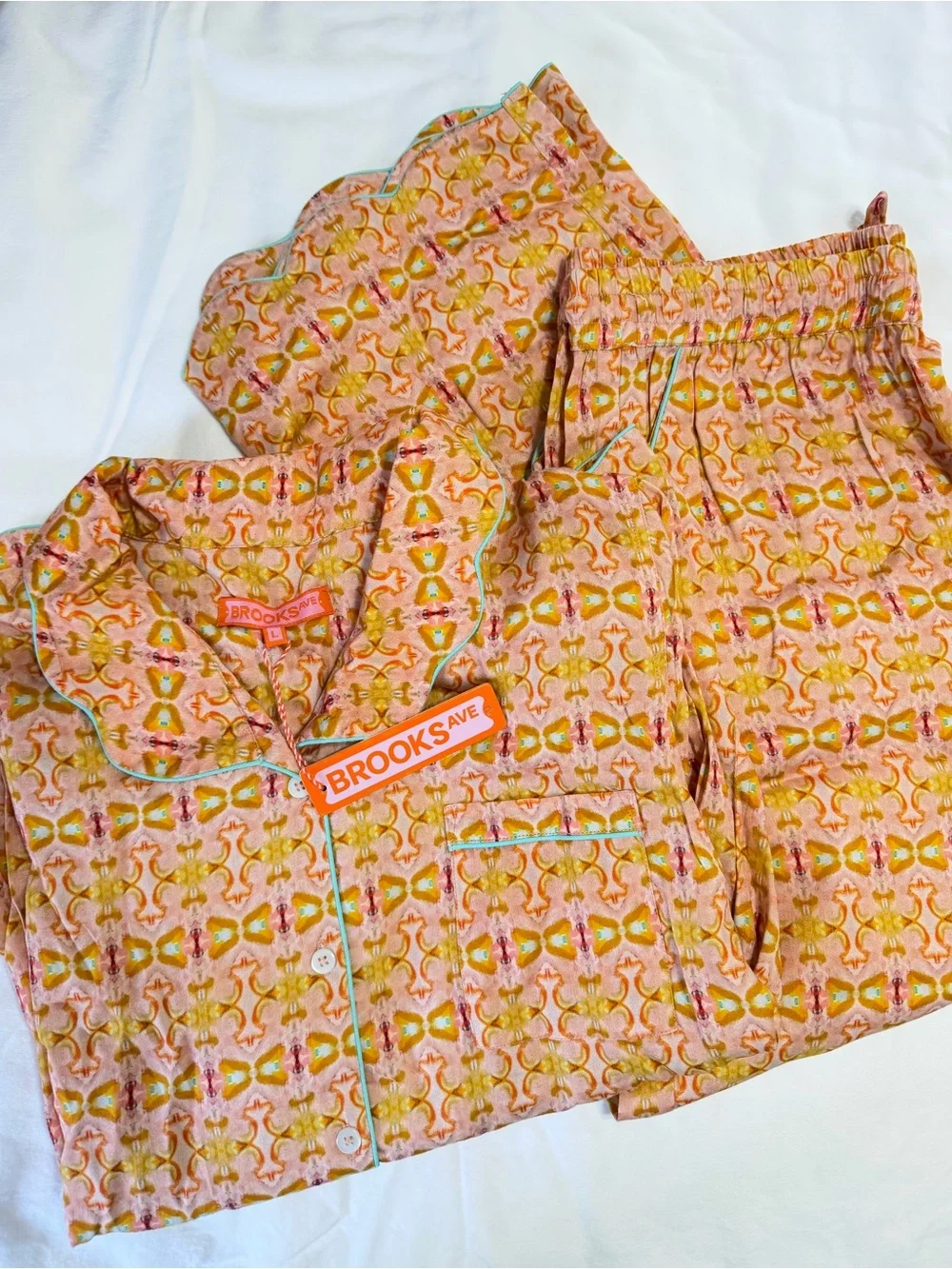 NEW Brooks Ave Cotton Pajama Set L Matching Sleep Set Scallop lounge luxury