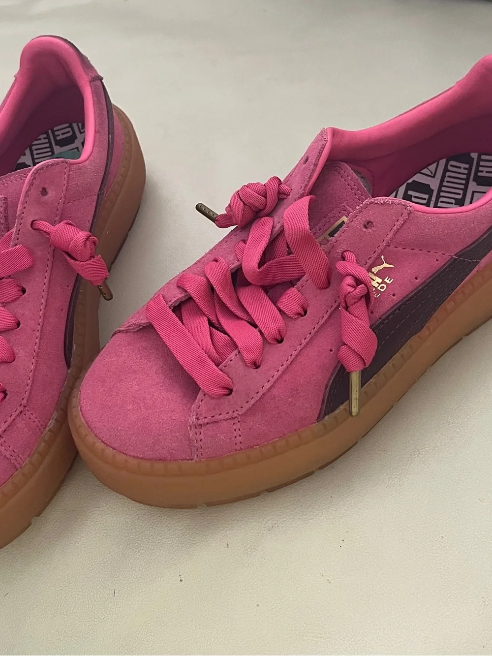 Puma Barbie Pink Suede Sneakers with Gum Platforms Soles