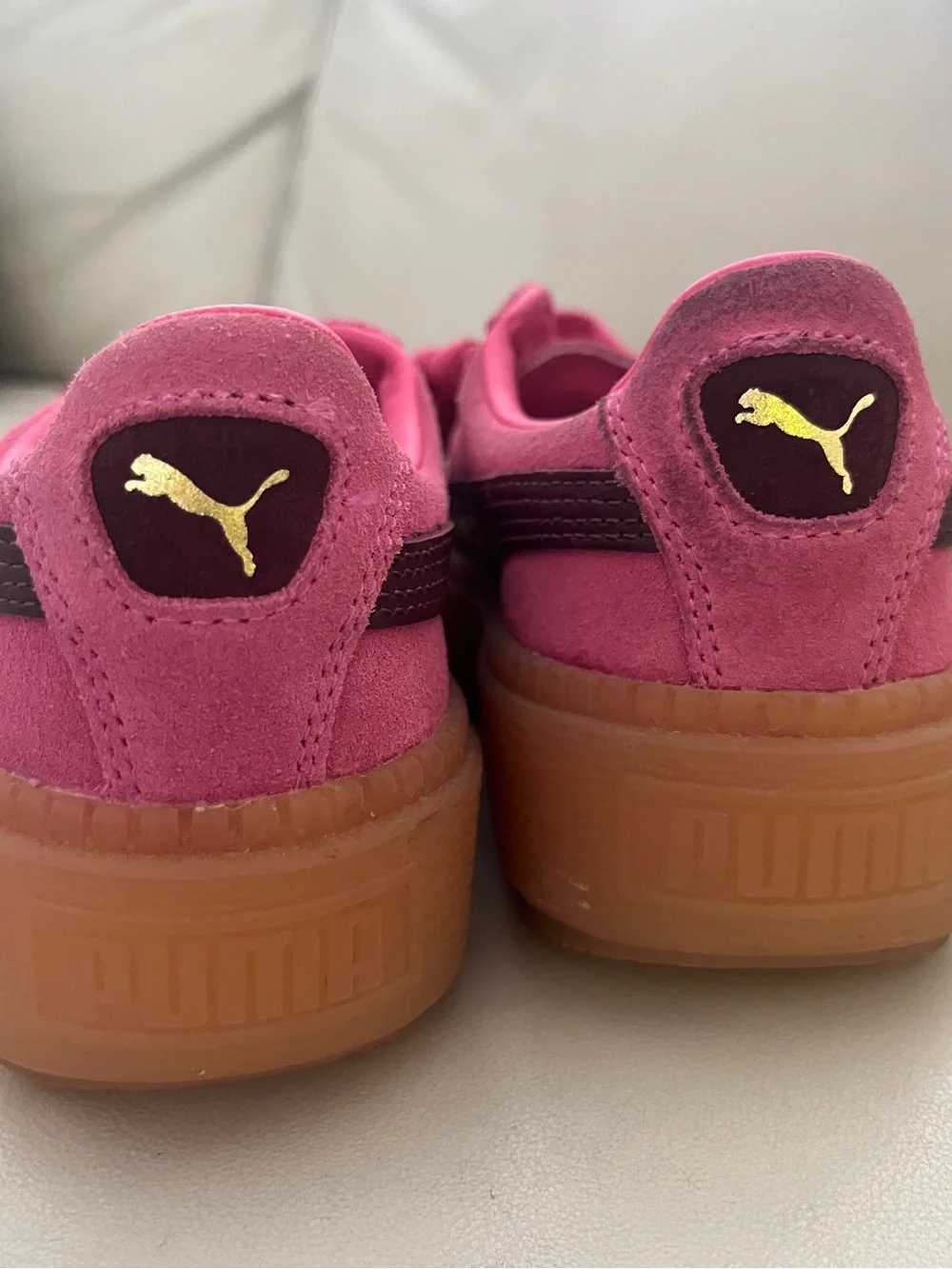 Puma Barbie Pink Suede Sneakers with Gum Platforms Soles