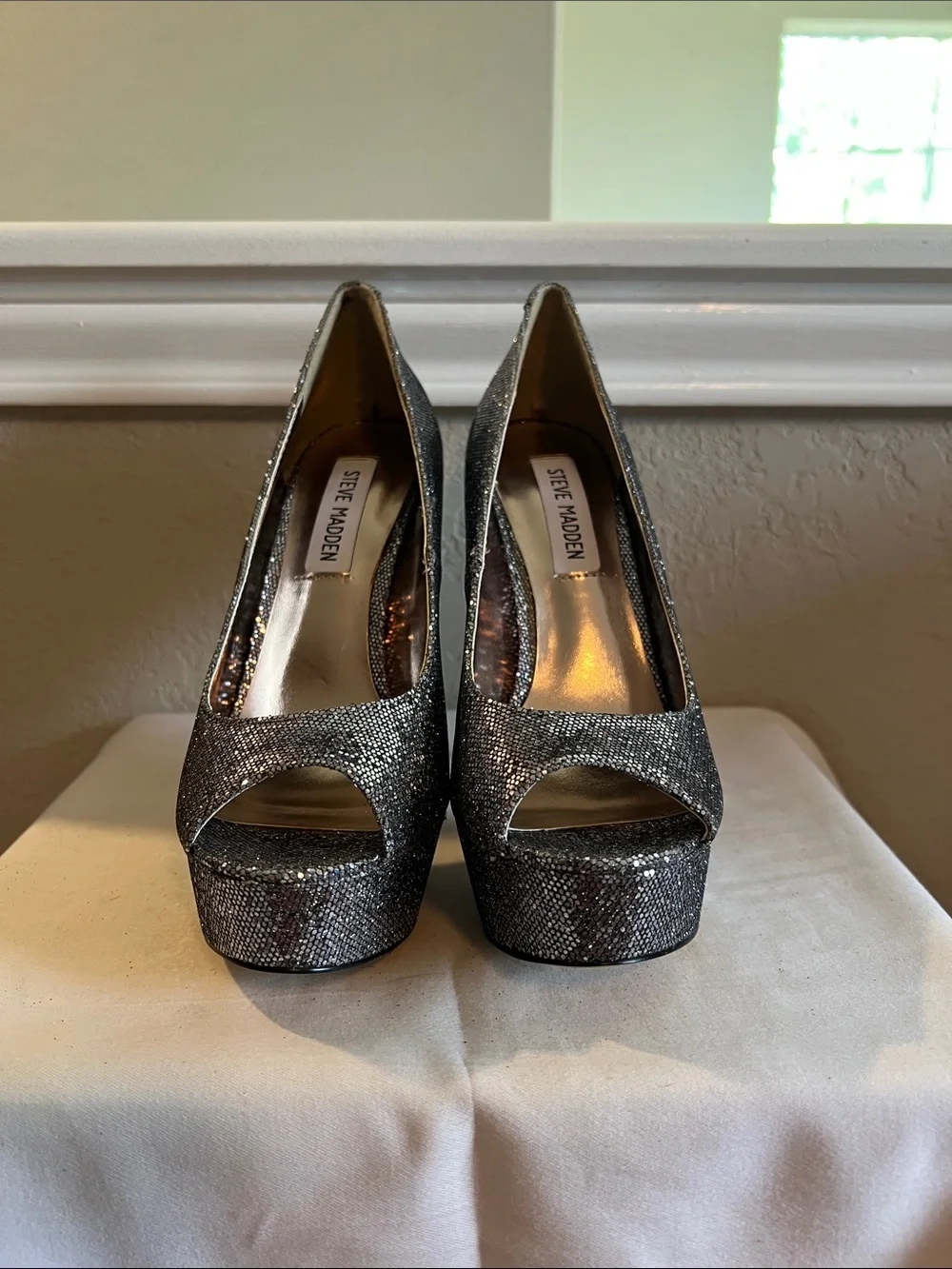 Steve Madden Gunmetal Glitter Peep-Toe Platform Heels