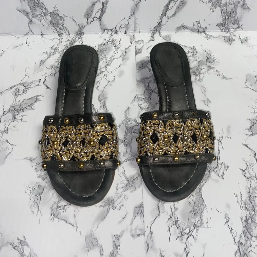 Eric Javits Black Gold Bronze Metallic Crochet Beaded Sandals Women's Size 6
