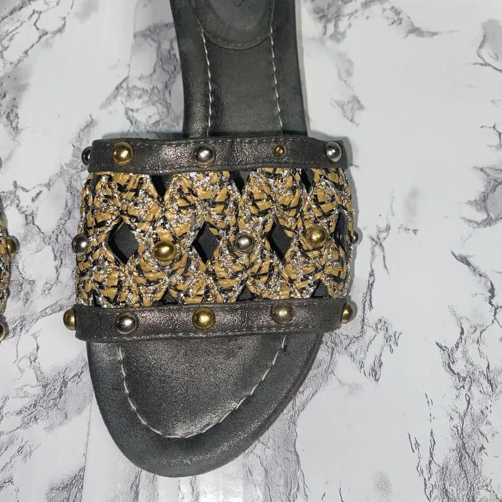 Eric Javits Black Gold Bronze Metallic Crochet Beaded Sandals Women's Size 6