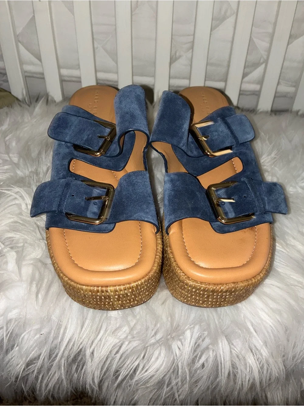 Like New Marc Fisher Navy Suede Wedge Slide Sandals with Buckles Sz 8.5 M