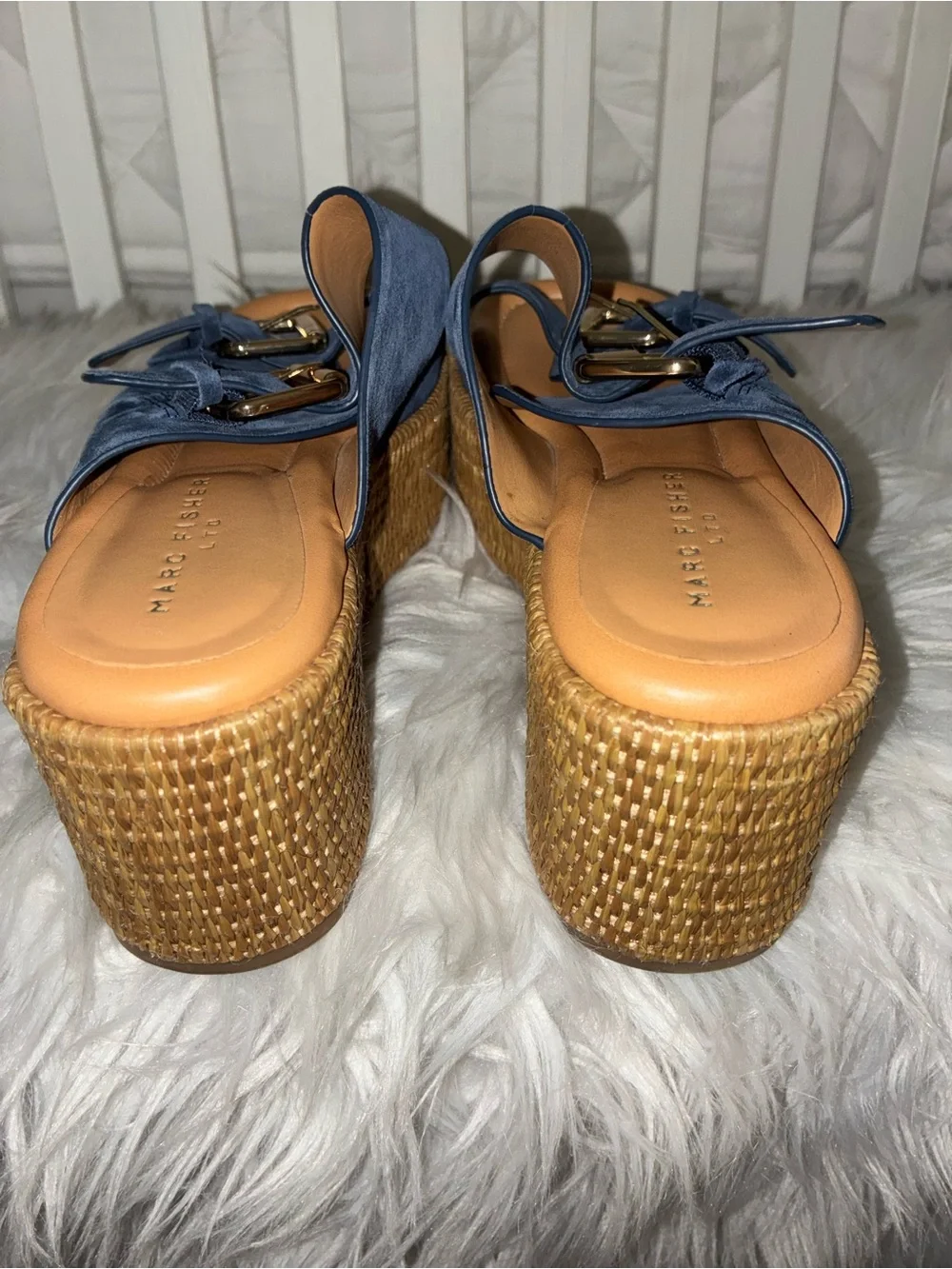 Like New Marc Fisher Navy Suede Wedge Slide Sandals with Buckles Sz 8.5 M