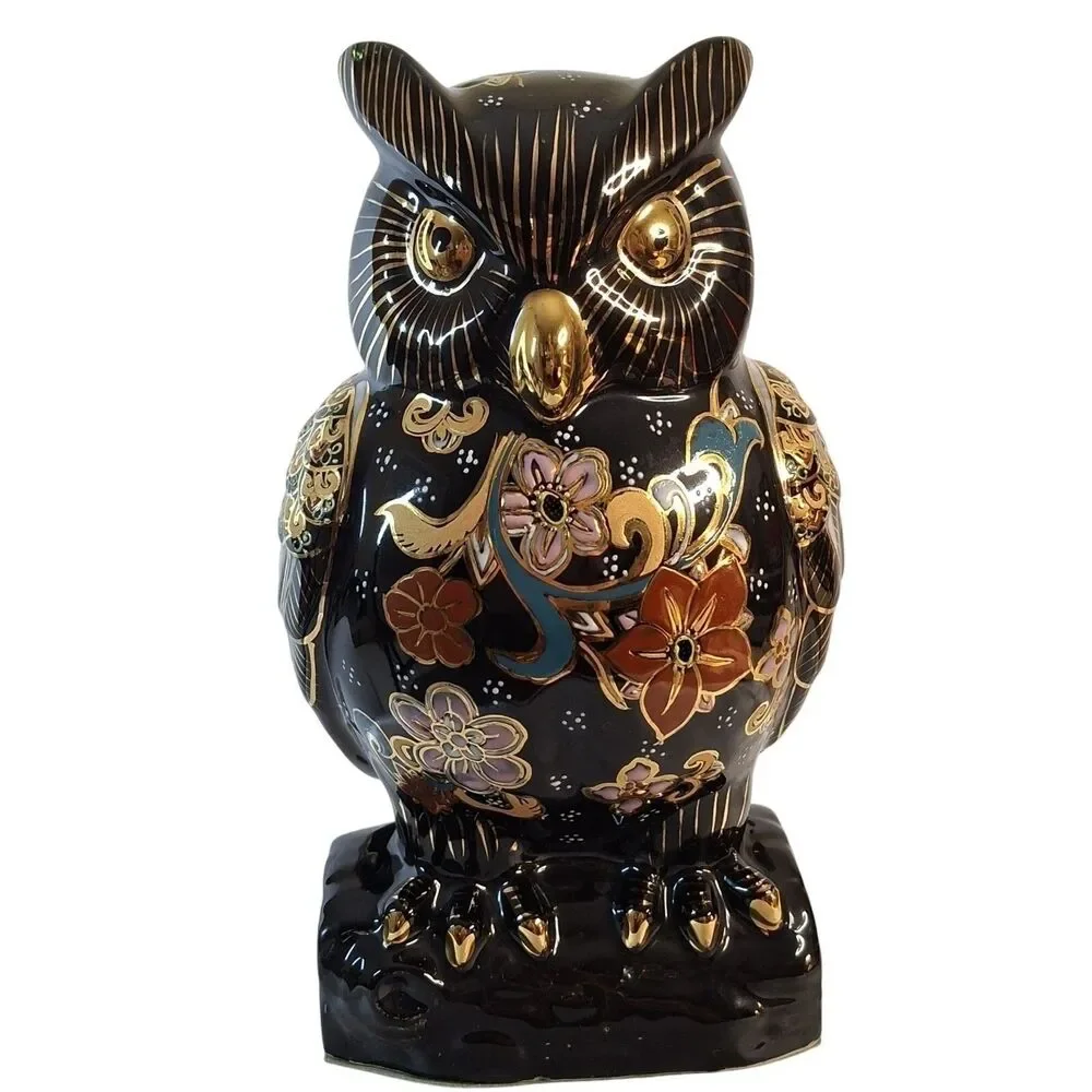 Japanese Kutani Owl Porcelain Figurine Mori Gold Painted Fukuro Lucky Owl Vintag