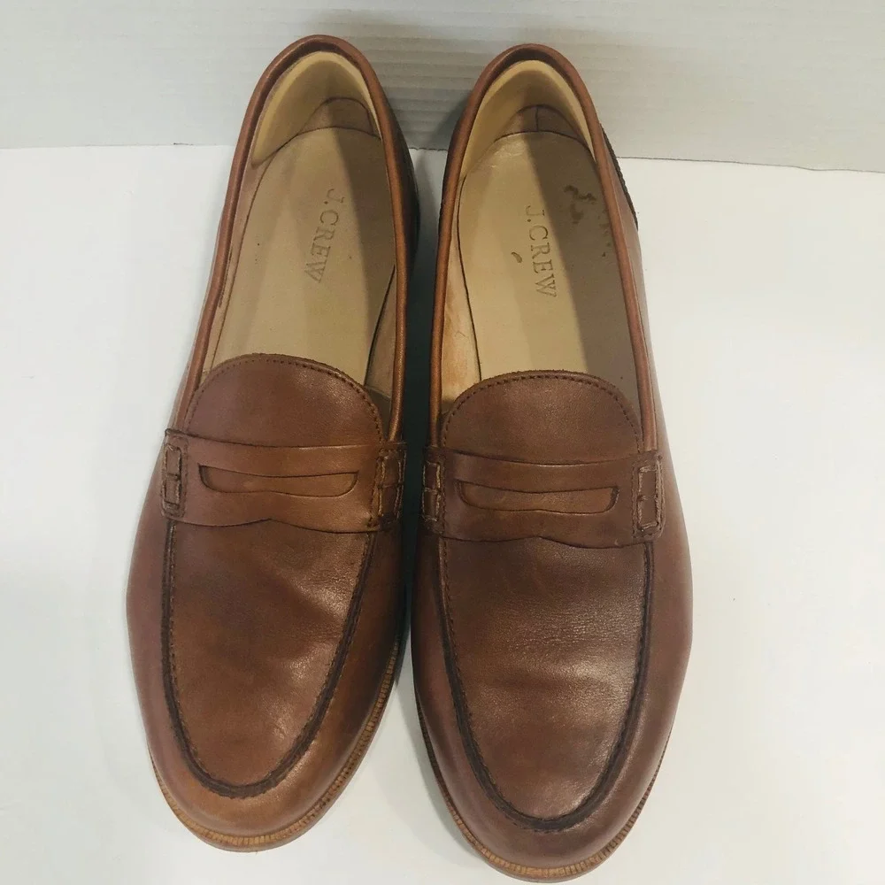J Crew Ryan Penny Loafers Shoes Brown Leather Preppy Minimalist Flats Womens 10