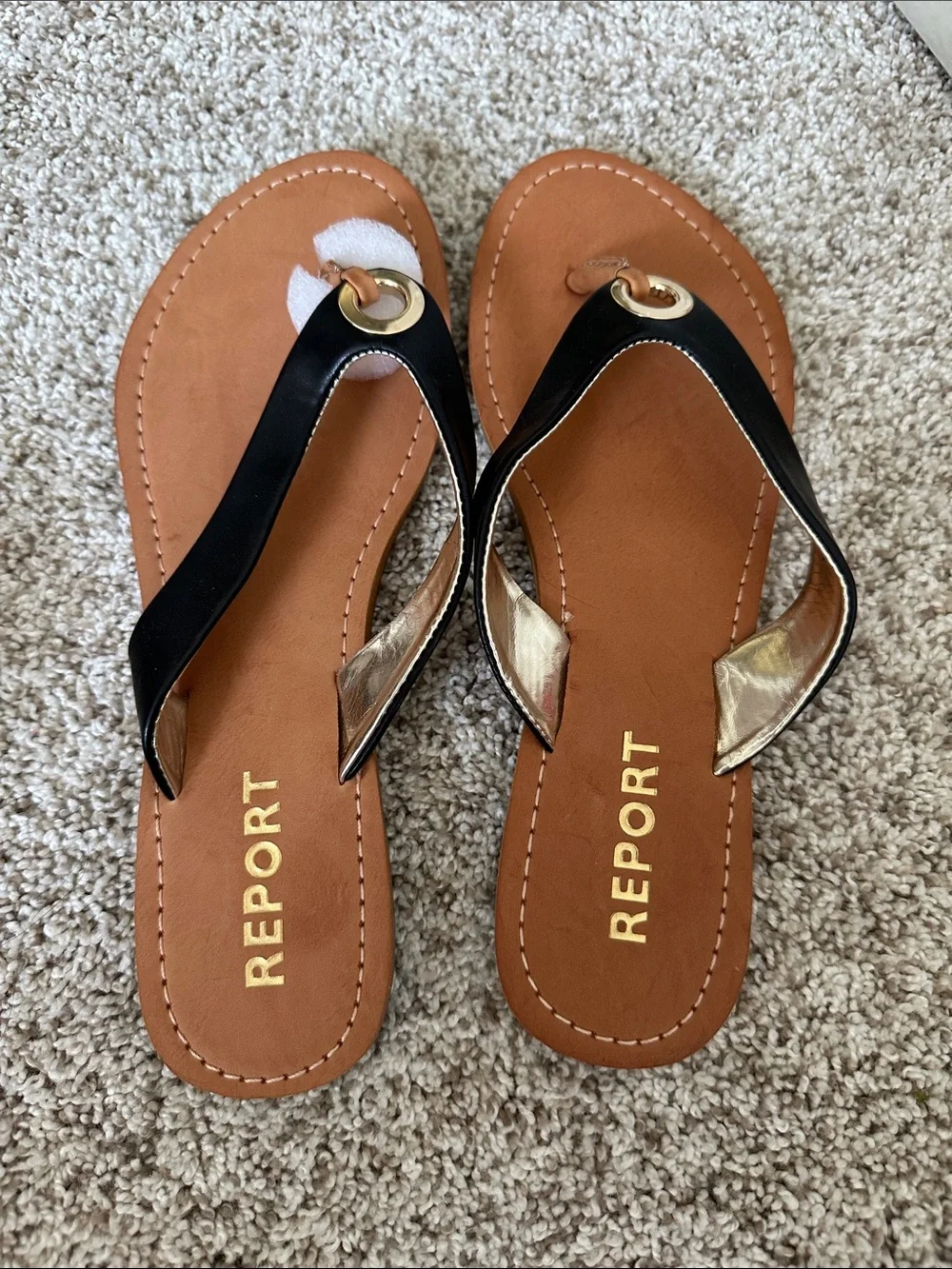 REPORT Black and Tan Sandal Thong with Gold Accent