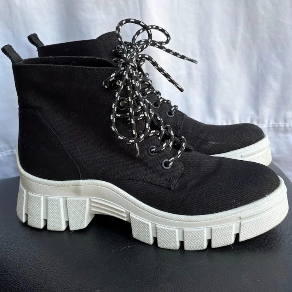 Guess Black Canvas Platform Lace-Up Boots with White Soles