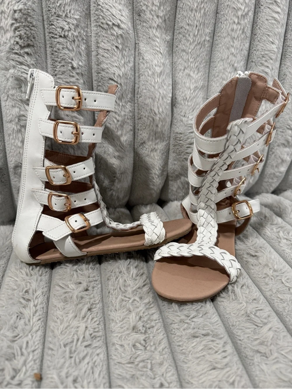 Girls' White Braided Gladiator Sandals with Buckle Straps