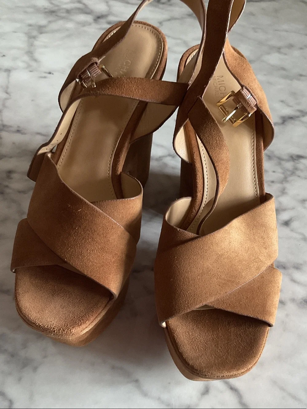 MICHAEL Michael Kors Tan Suede Platform Slingback Sandals