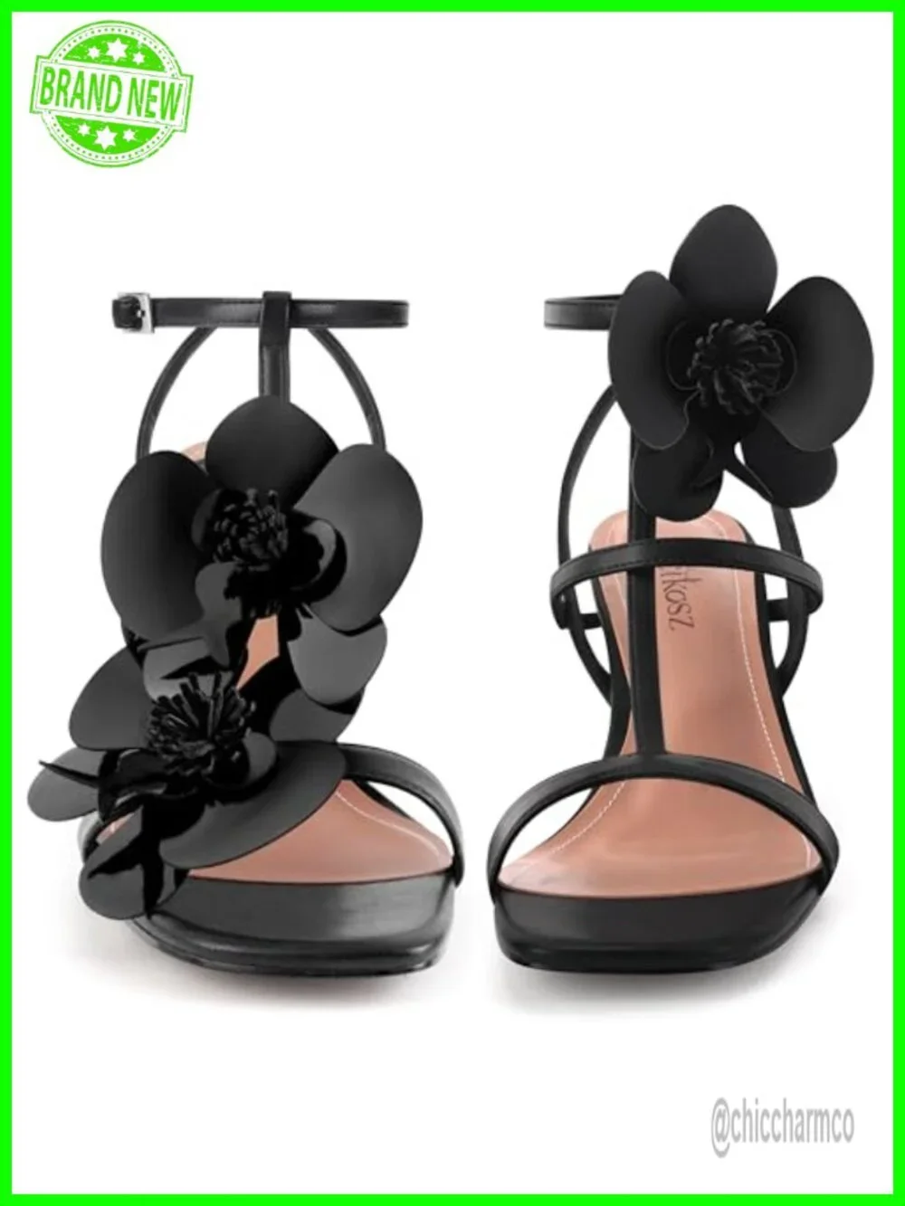 Strappy Heeled Sandals with Floral Details Open Toe Ankle Strap Faux Leather