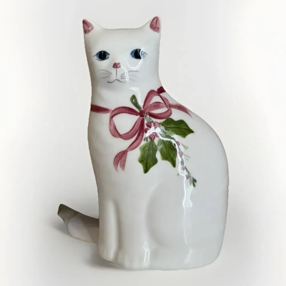 Vintage N.S. Gustin And Company 9x3” Cat Kitten Pink Floral Ceramic White