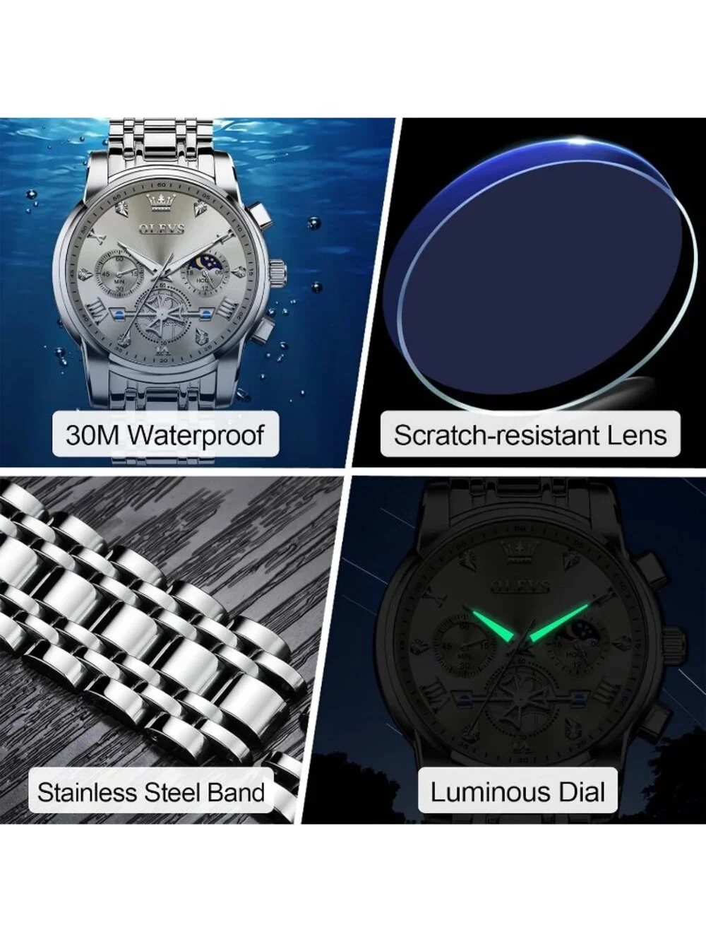 Men's Gray / Silver Stainless Steel Chronograph Waterproof Quartz Dress Watch