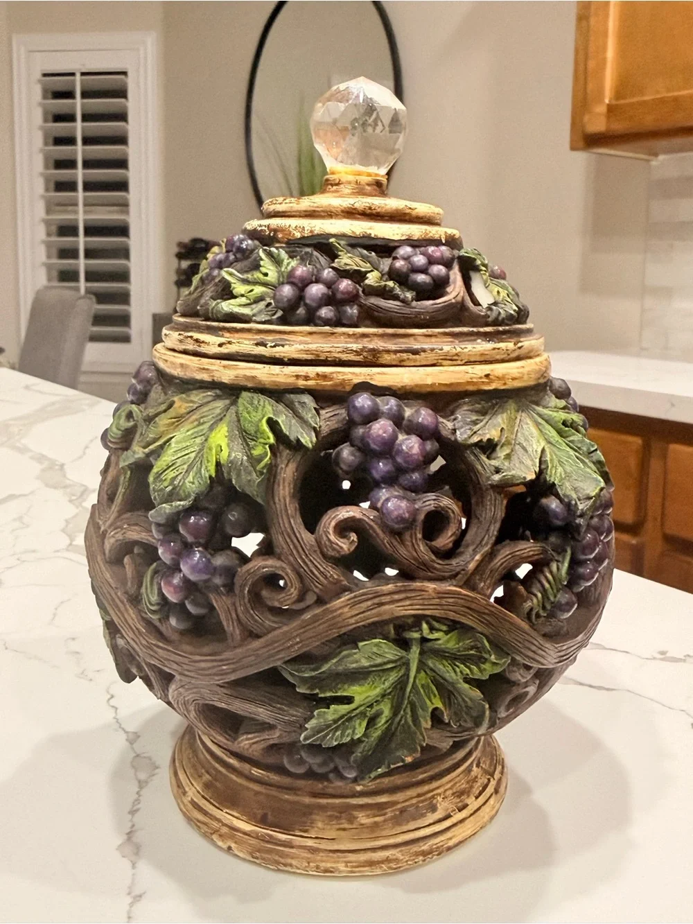 Tuscan Grapevine Cutout Ginger Jar Urn with Crystal Finial Lid