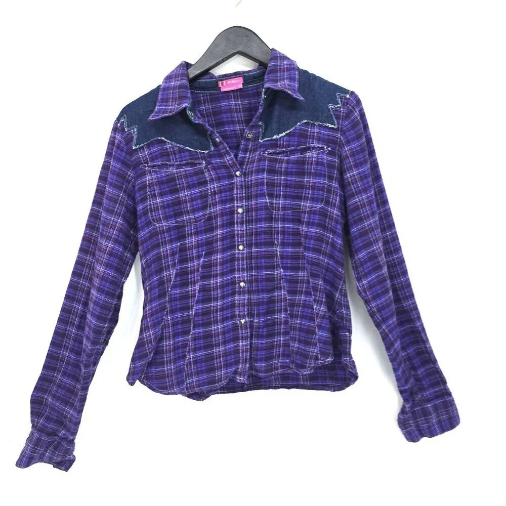 BCBG Girls Purple Denim PLaid Skull Button Long Sleeve Flannel Size M