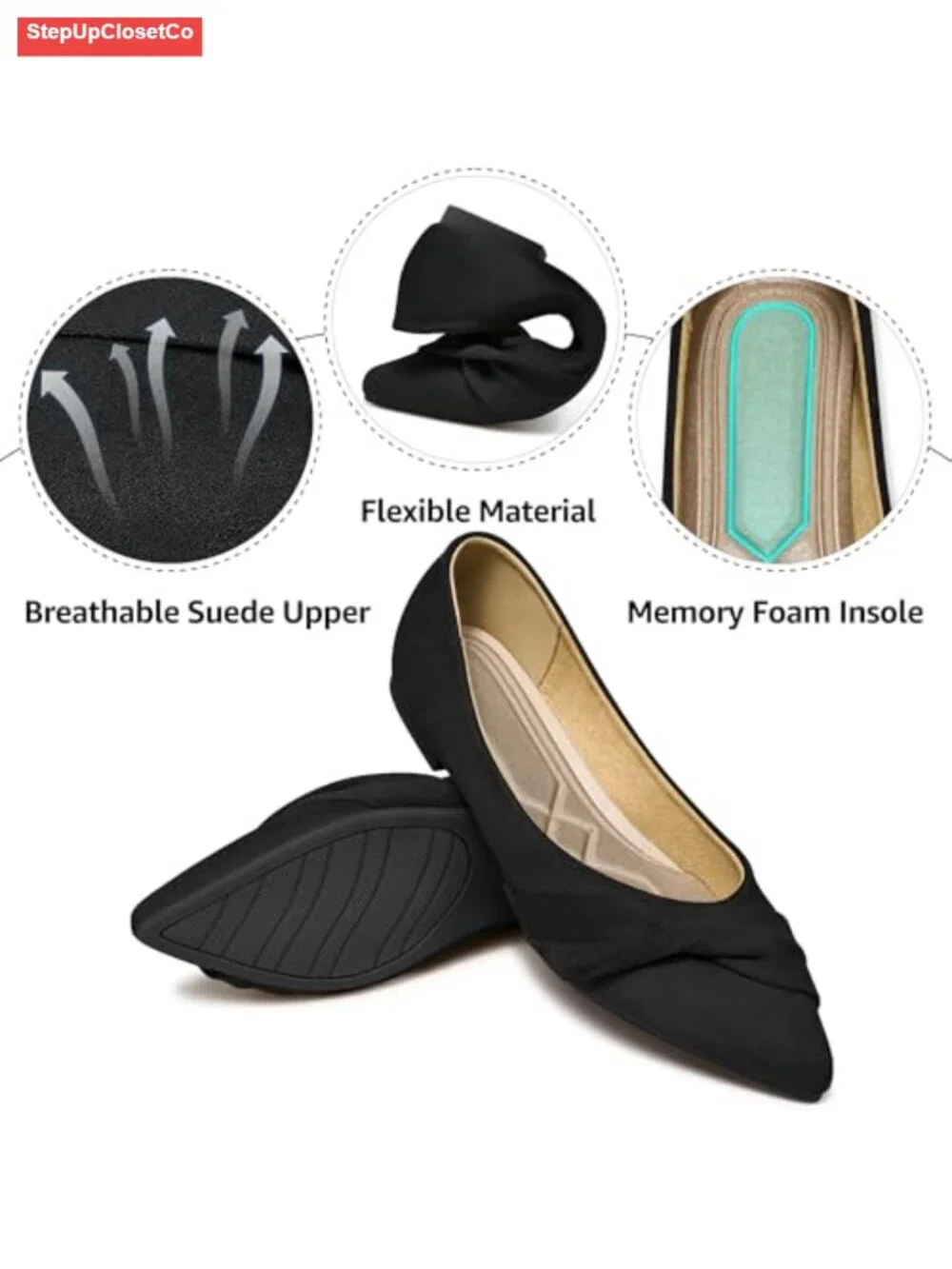 Women's Pointed Toe Suede Bow Ballet Flats - Slip On Dress Shoes