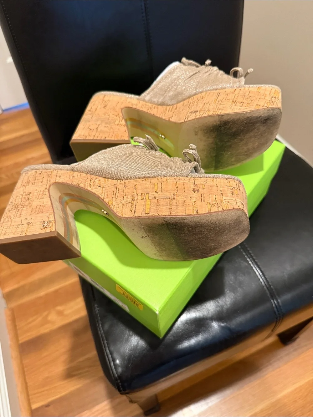 Sam Edelman Natural Beige Ruched Platform Mules with Cork Heel 8.5
