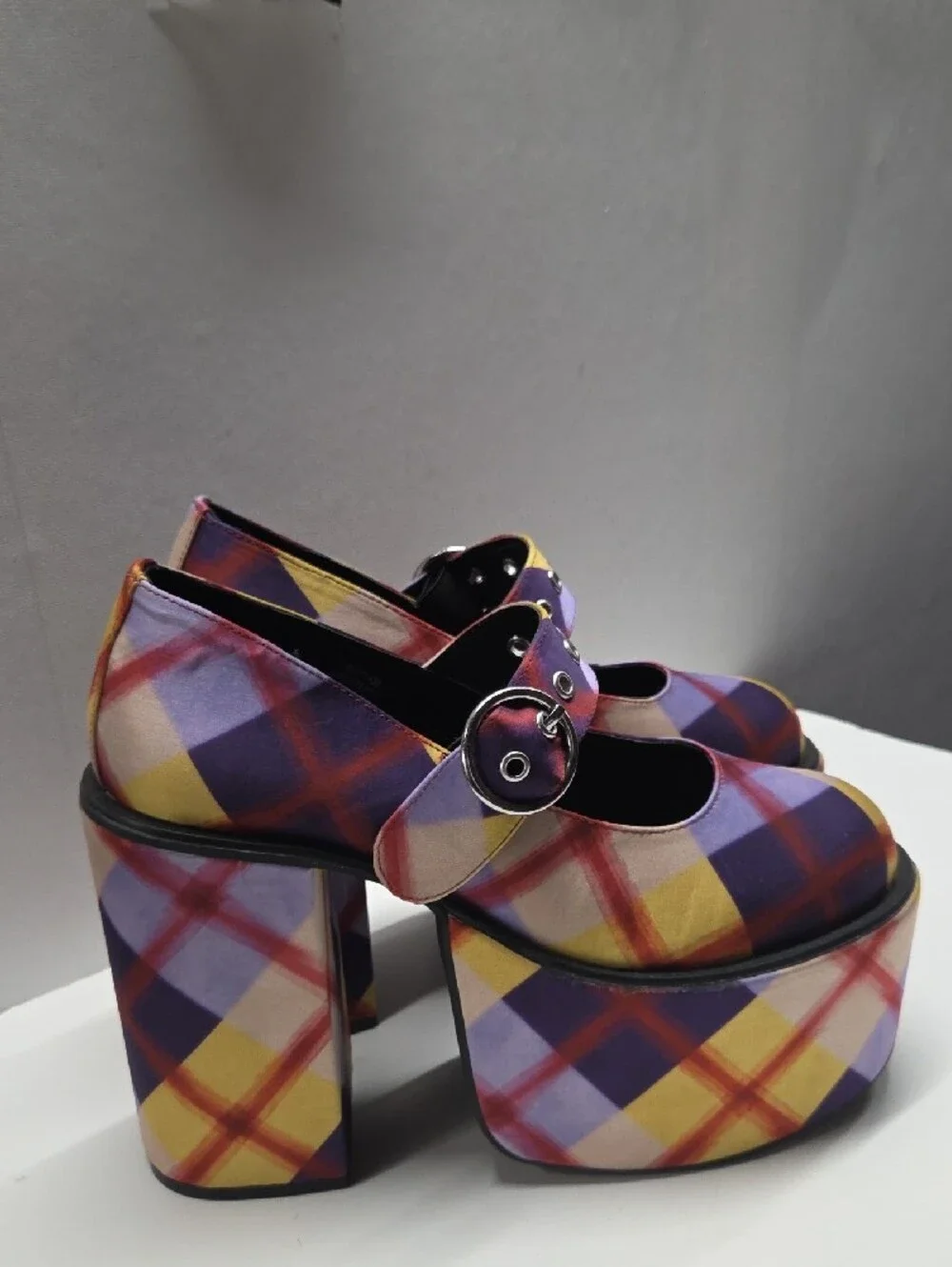dELiA*s Purple and Yellow Plaid Platform Mary Jane Heels Size 10 RARE