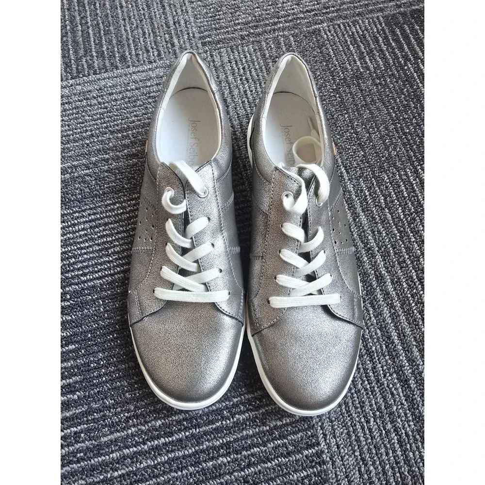 Josef Seibel Caron Metallic Silver Leather Comfort Lace Up Sneakers EU 41 US 10