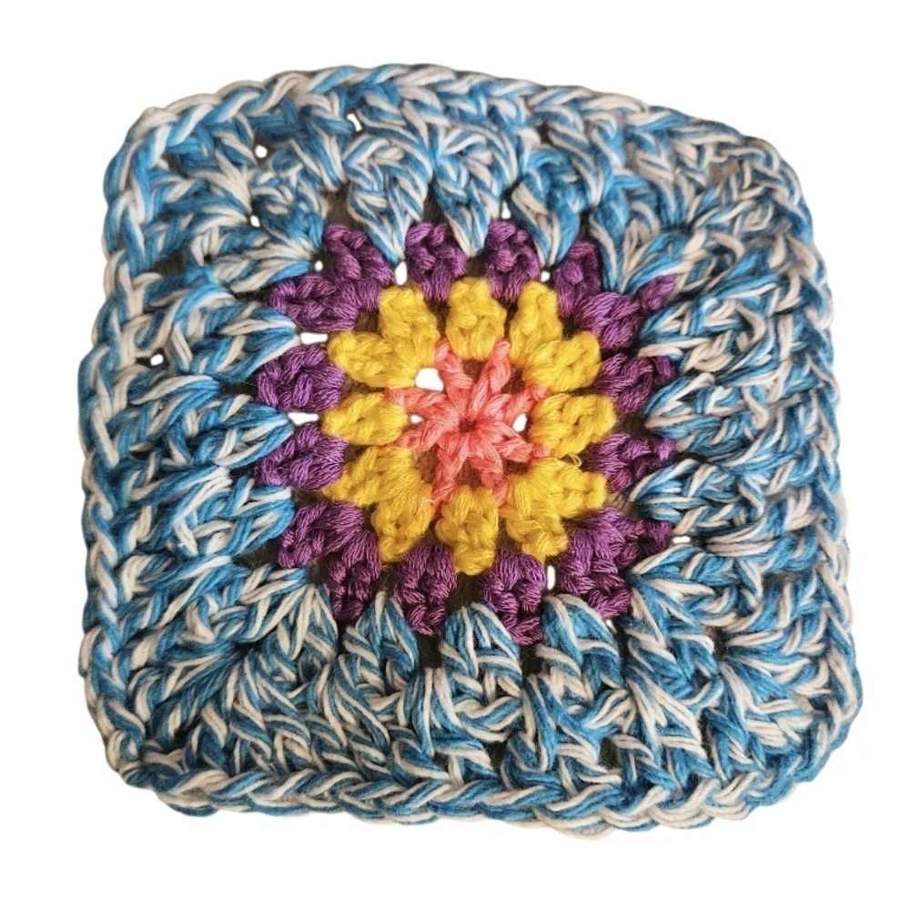 Handmade Turquoise Marl Crochet Granny Square 4-pc Coasters Set 100% Cotton