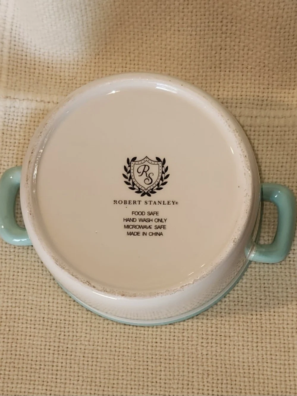 Ceramic 'Hello Fall' White and Light Teal Handle Bowl