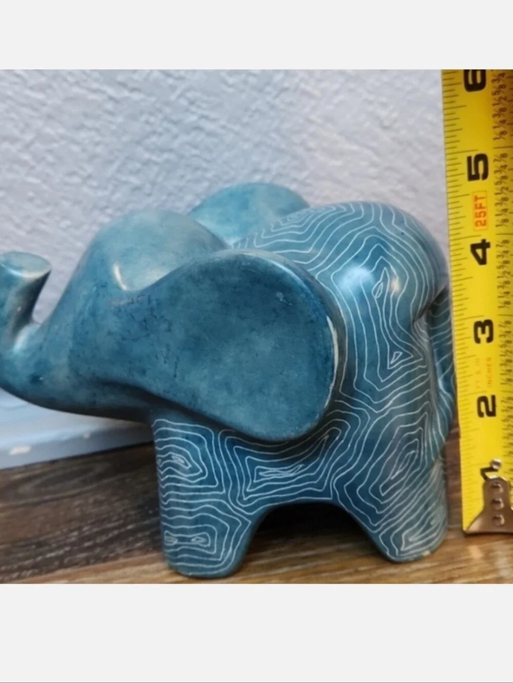Afrikiko Soapstone Elephant Teal Blue Green White Abstract Circles