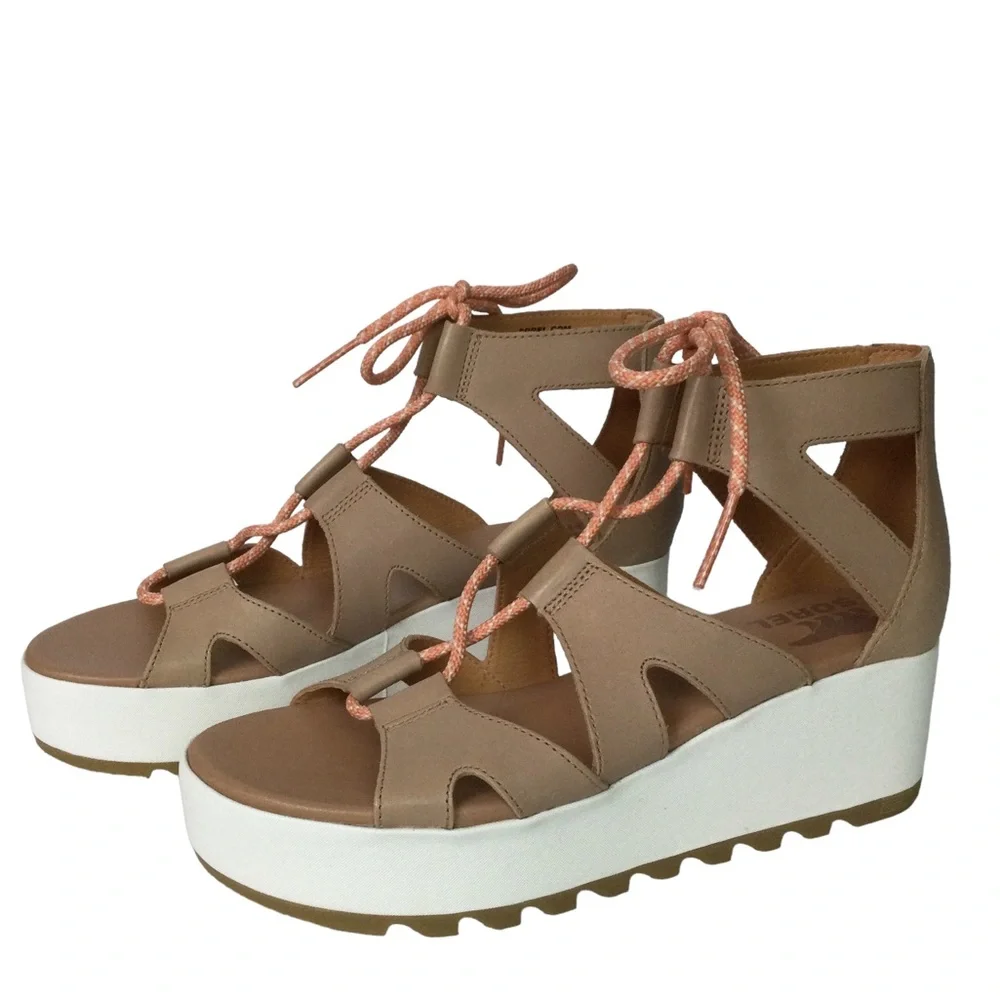 NEW Sorel Cameron Flatform Lace Sandals Honest Beige/Gum Sz 9