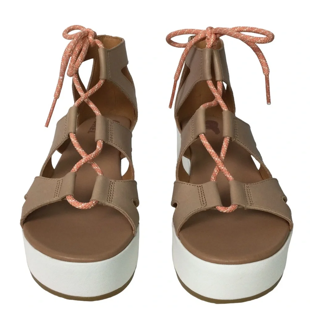 NEW Sorel Cameron Flatform Lace Sandals Honest Beige/Gum Sz 9