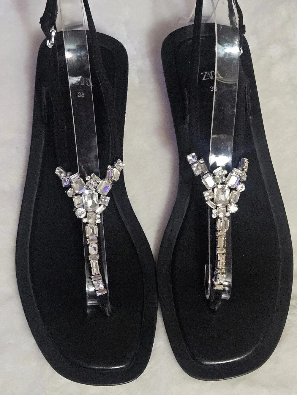 Zara Black Embellished T-Strap Size 38 / 8 Sandals EUC