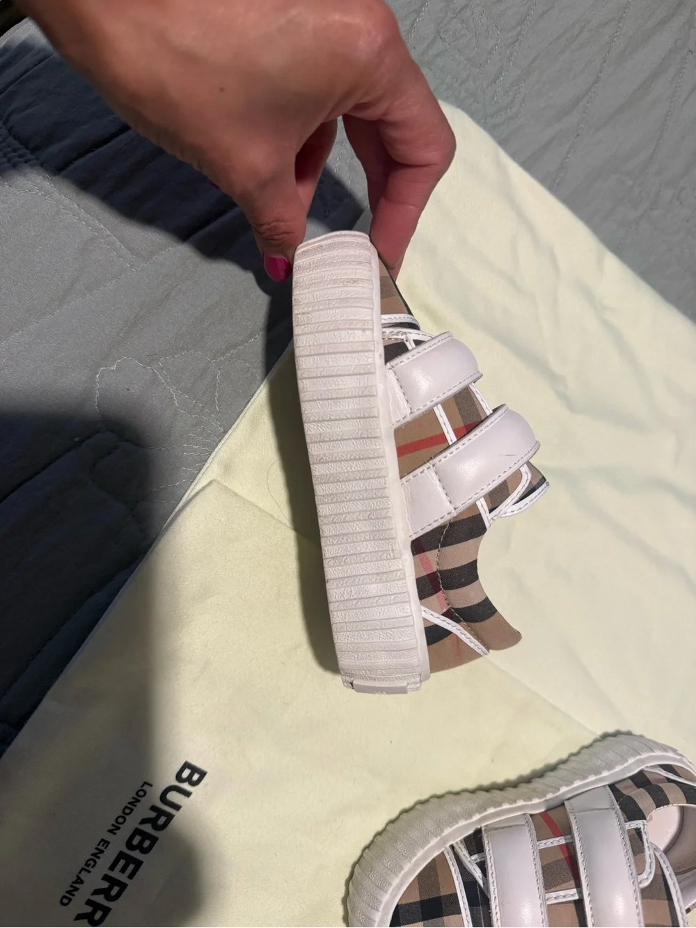 Burberry Beige Nova Check Kids Sneakers with White Straps