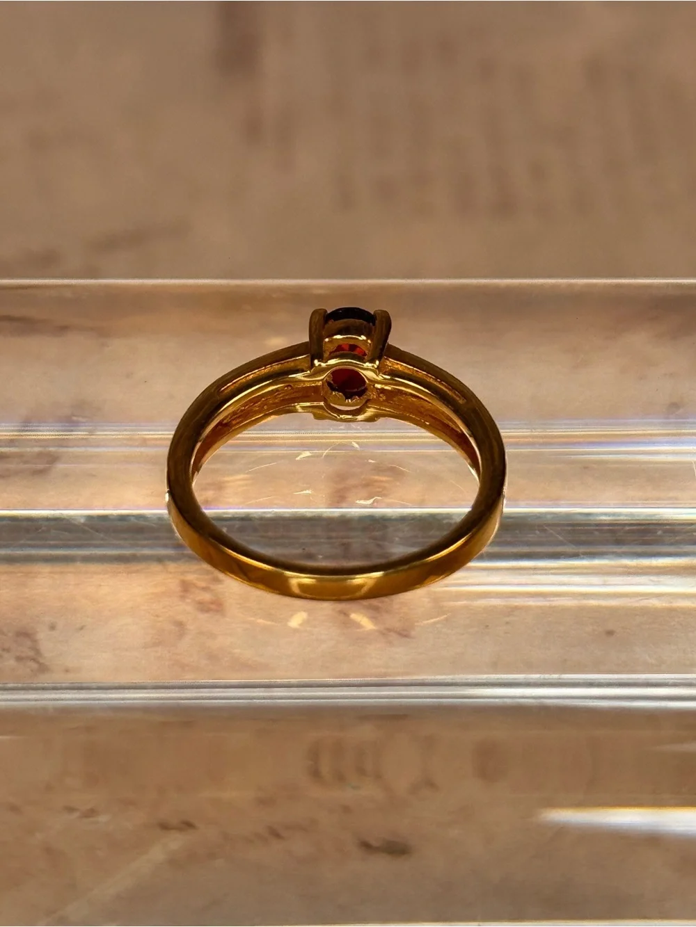 Vintage Garnet Tone Ring Gold Tone Clear Accent Stones Size 8 D8