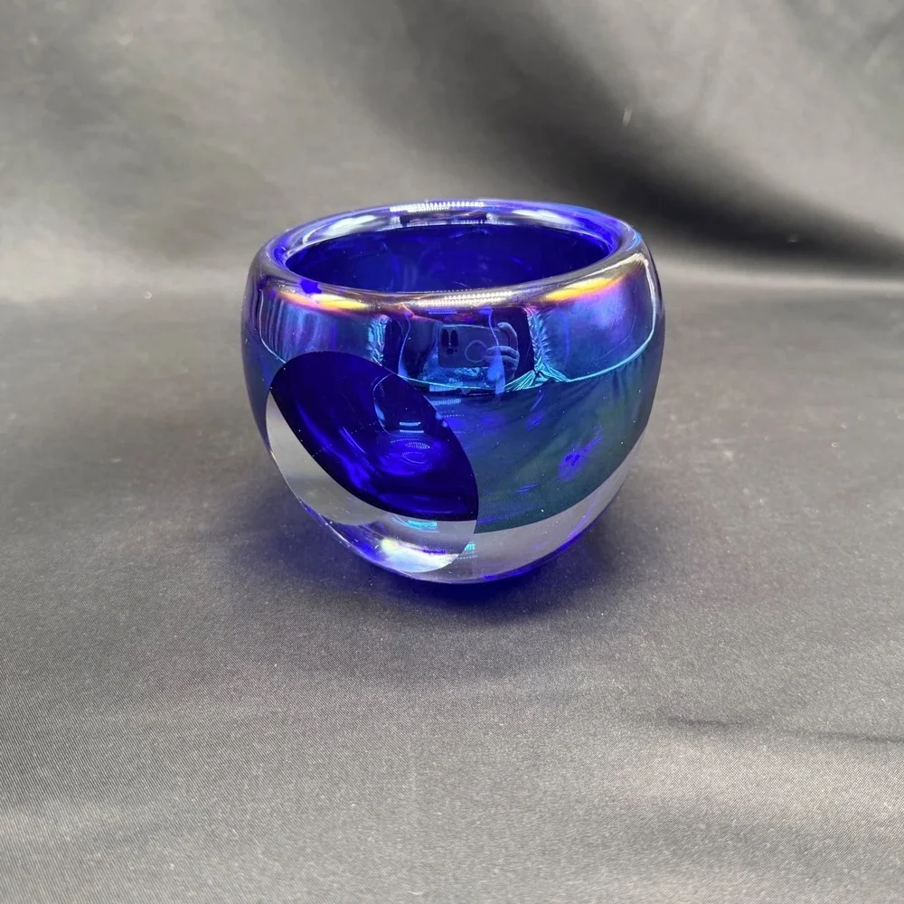 Cobalt Blue Iridescent Art Glass Votive Holder Carnival Glass 3.5in