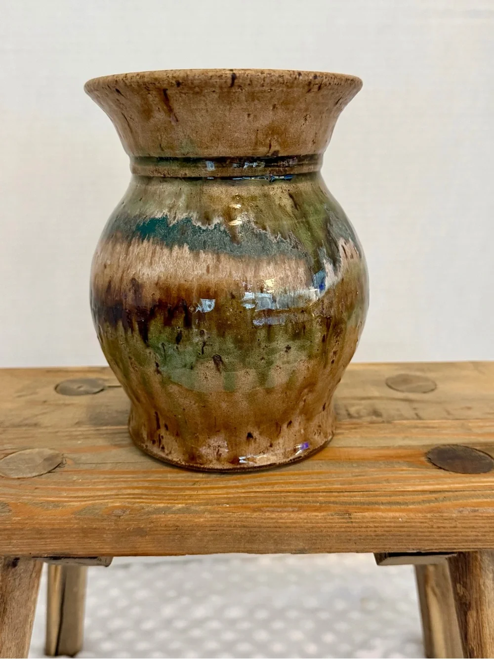 Vintage Handcrafted Stoneware  Vase. Bohemian, green,  brown earth tones