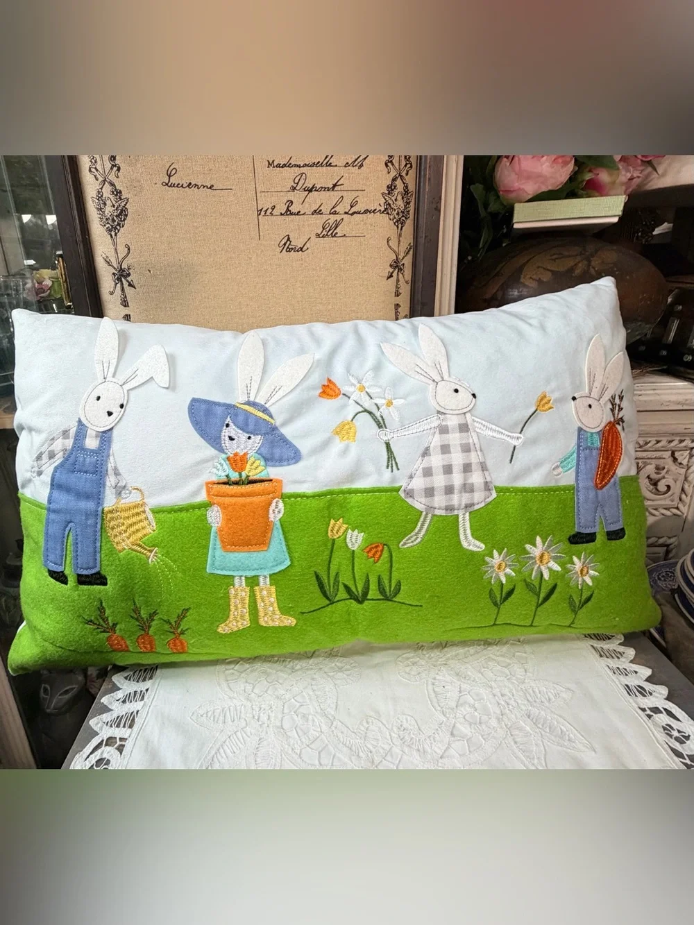 ISAAC MIZRAHI green & white bunny garden pillow