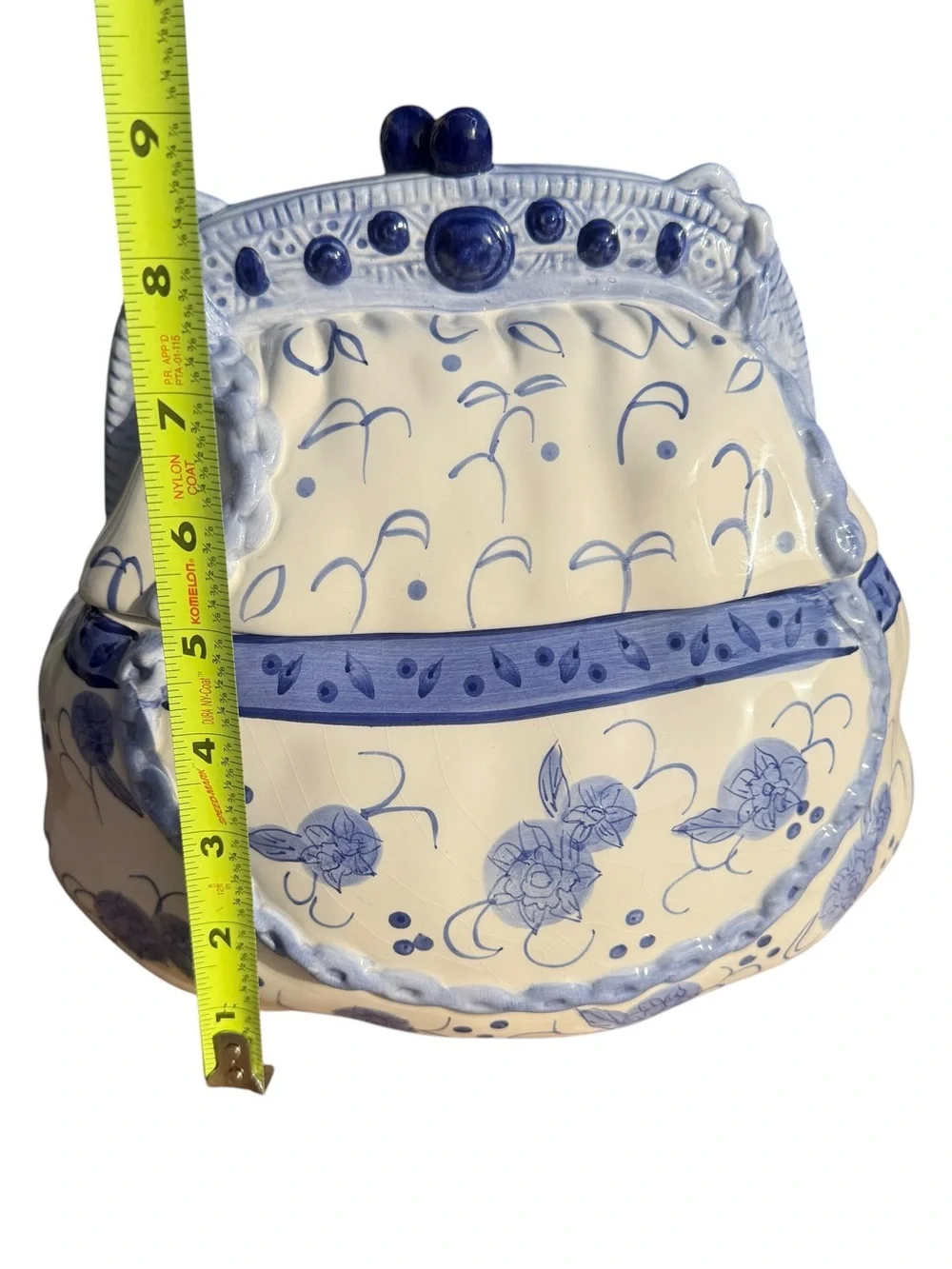 Cheryl & Co Ceramic Purse Cookie Jar Blue White Floral Canister Cottagecore 9”