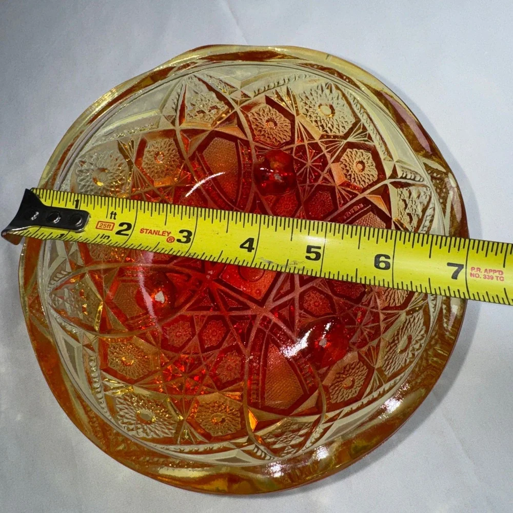 Vintage Amberina Glass Daisy and Button Footed Bowl Scalloped Orange Yellow 7in