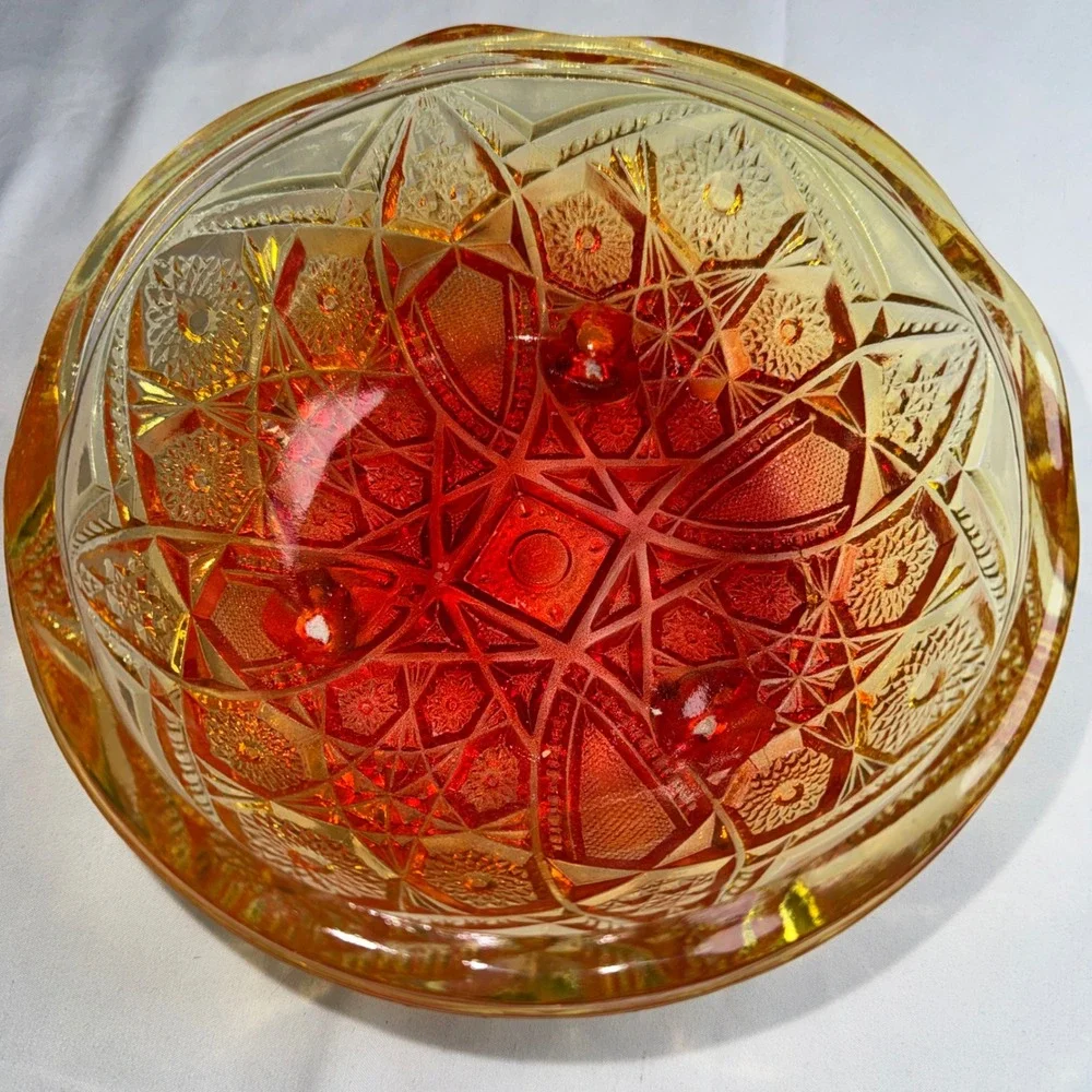 Vintage Amberina Glass Daisy and Button Footed Bowl Scalloped Orange Yellow 7in