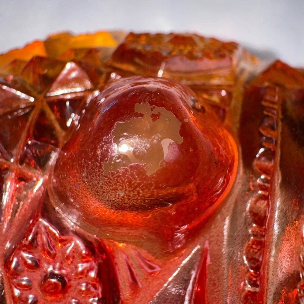 Vintage Amberina Glass Daisy and Button Footed Bowl Scalloped Orange Yellow 7in
