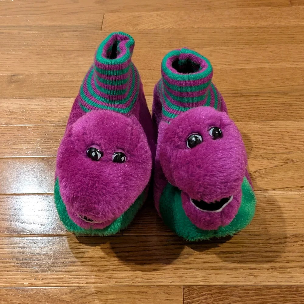 Barney The Dinosaur 1993 Purple and Green Plush Slippers  11-12 XL