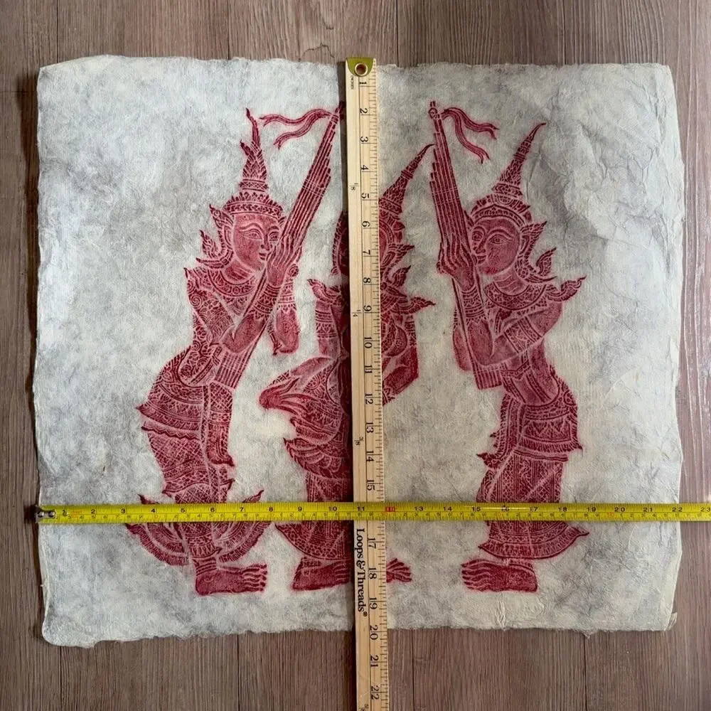 Vintage Thai Temple Rubbing Figural Dancers Print on Handmade Mulberry Paper