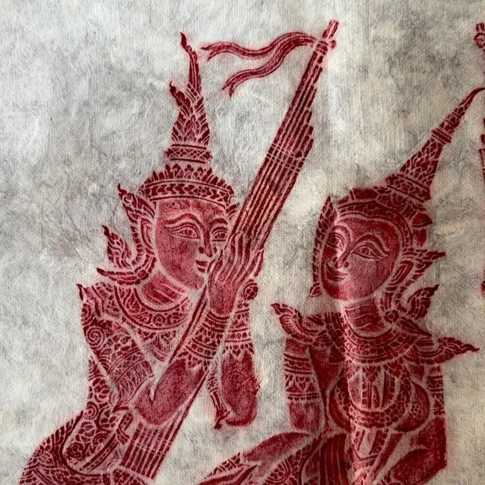 Vintage Thai Temple Rubbing Figural Dancers Print on Handmade Mulberry Paper