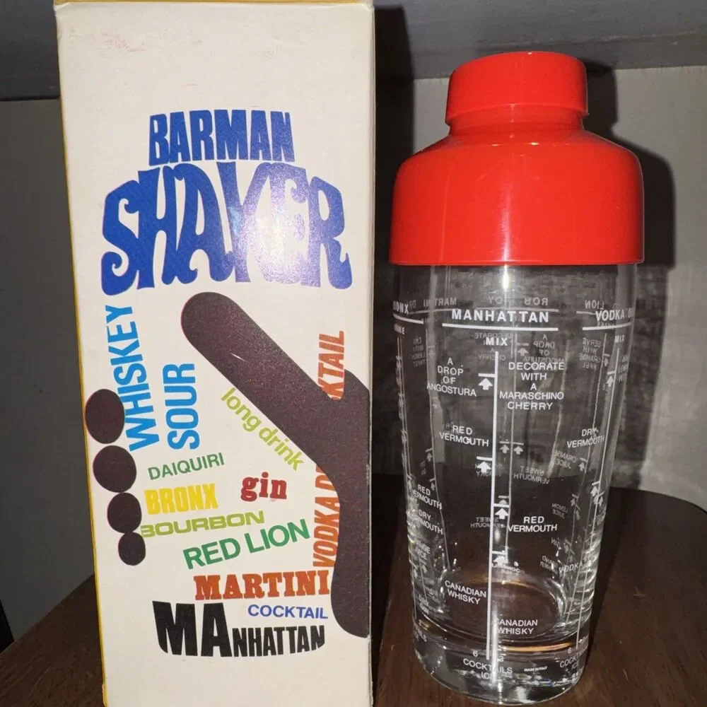 Glass Cocktail Barman Shaker Holds 14 Ounces Recipes Box Italy 1966 Vtg Retro
